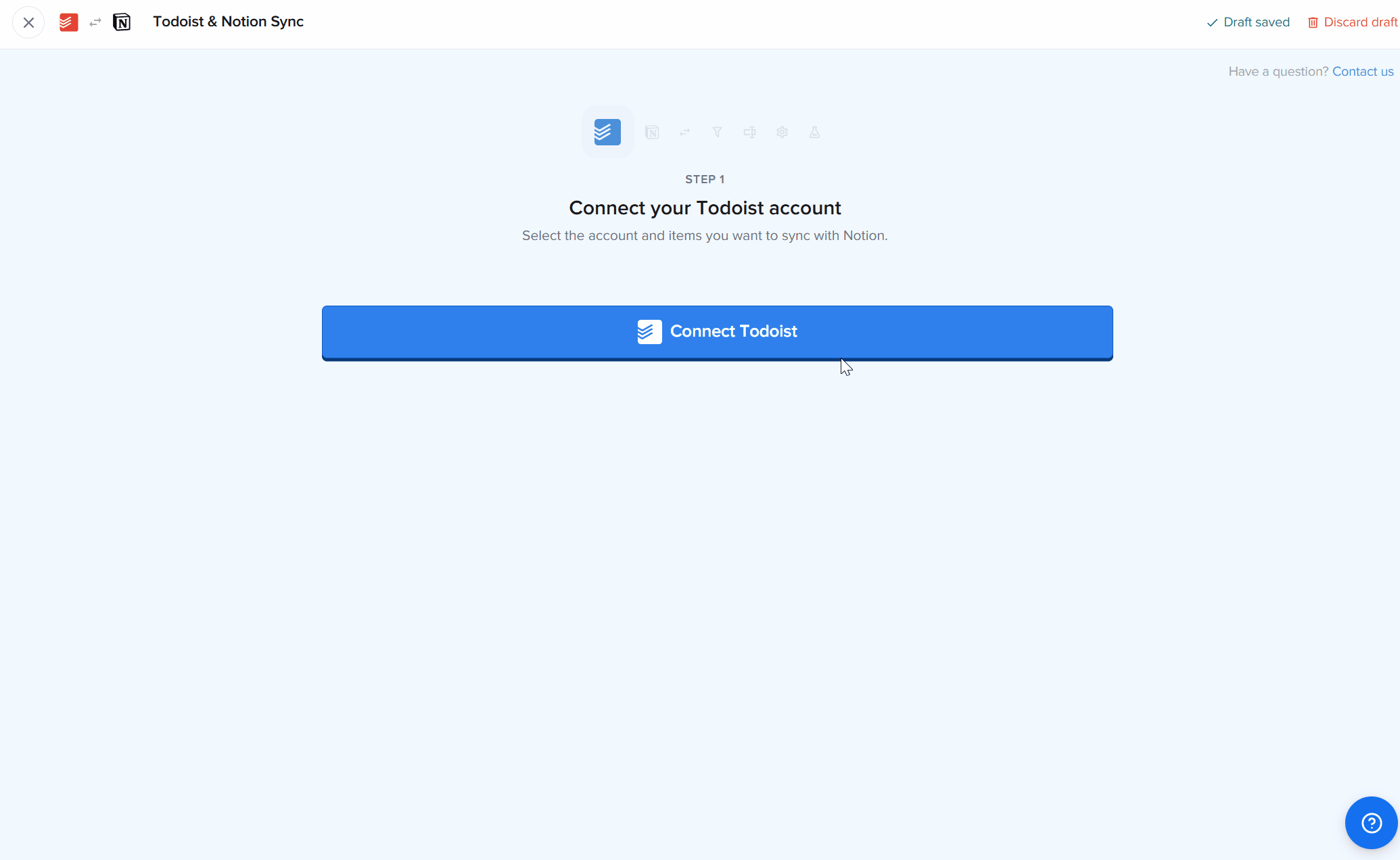 2sync 마법사 Connect Todoist 화면: 연결된 Todoist 계정, Default로 표시된 프로젝트가 포함된 프로젝트 목록, Unselect all 링크, Refresh projects 버튼, 파란색 Continue 버튼.
