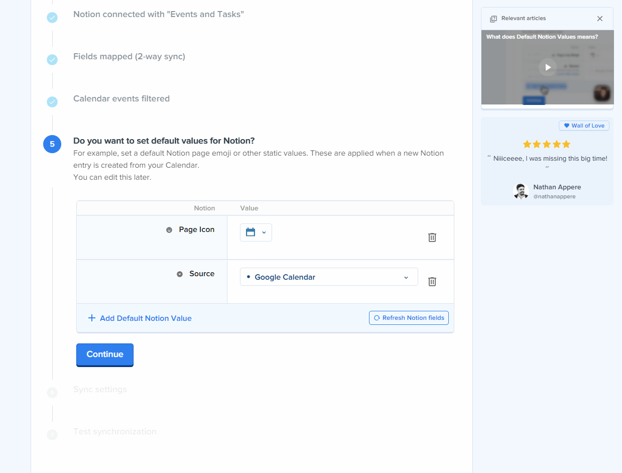2sync 마법사 Default values에서 사용자가 새 Notion 페이지의 Page Icon과 Source 기본값 등을 설정하는 GIF.