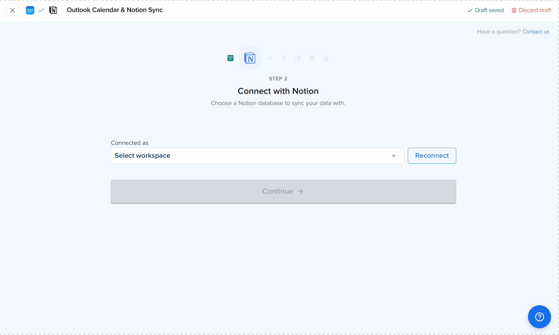 Démonstration animée de l'étape 2 de l'assistant 2sync (Connect with Notion) pour l'automatisation Outlook Calendar, montrant le menu déroulant Connected as workspace, le bouton Reconnect et le bouton Continue en attente d'une sélection de base de données
