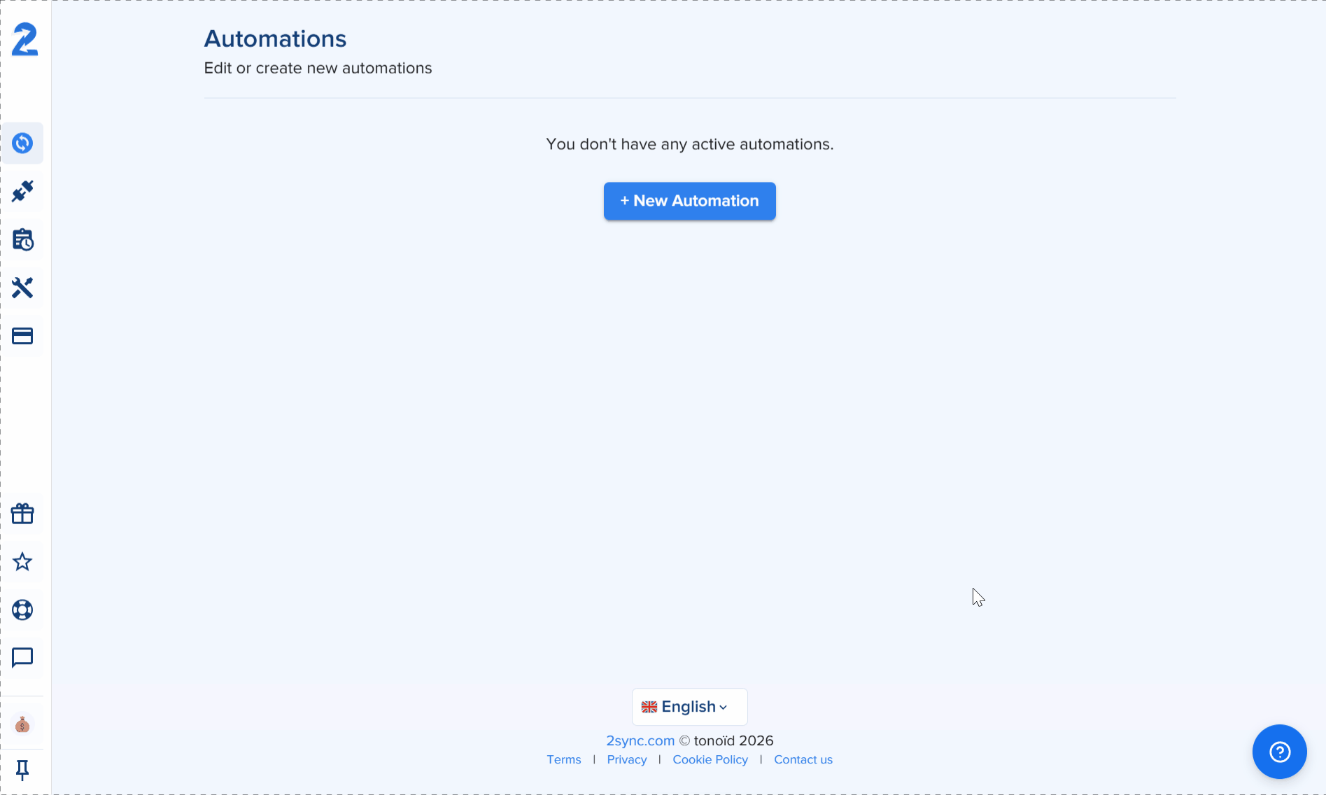 Démonstration animée du tableau de bord 2sync Automations montrant l'utilisateur cliquant sur le bouton + New Automation pour démarrer une nouvelle configuration de synchronisation Outlook Calendar