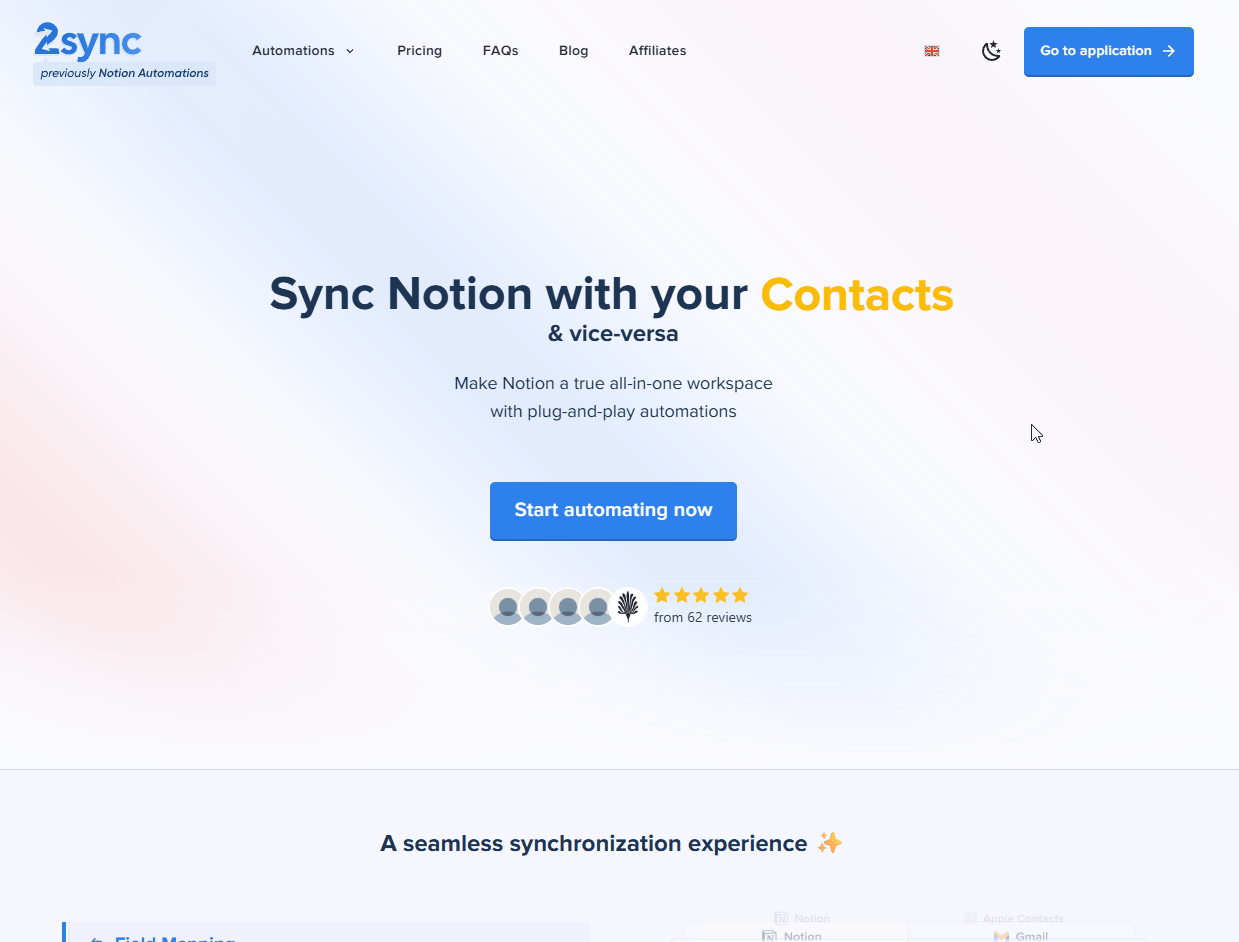 2sync のホームページの GIF。「Start automating now」ボタンが強調され、Google カレンダーの自動化フローへ進む。
