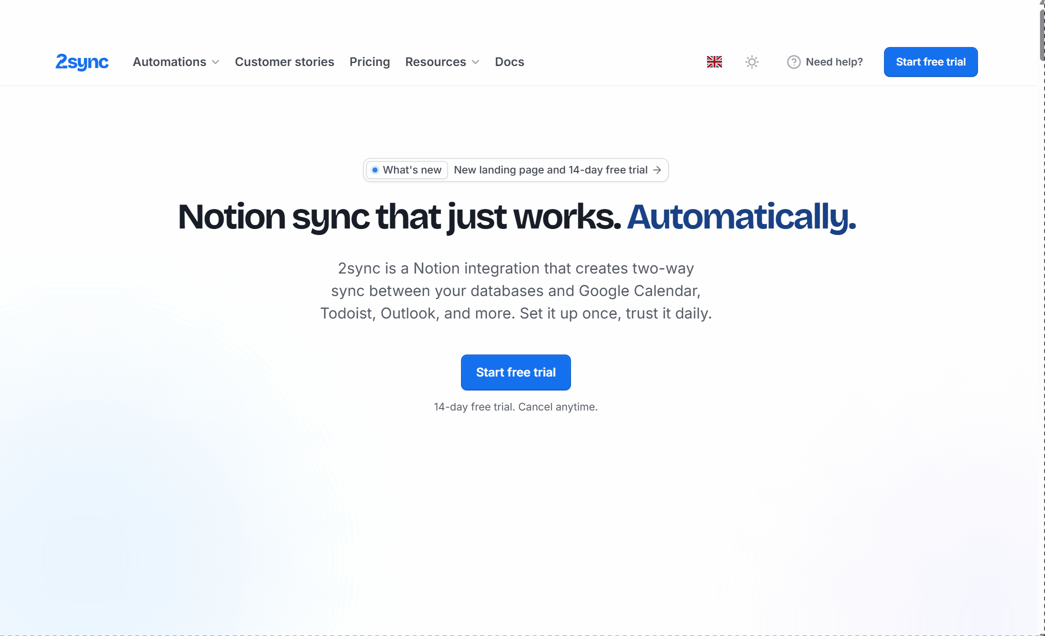 2sync 홈페이지의 히어로 영역에 표시된 Start free trial CTA와 그 아래 Automations 대시보드 미리보기, 그리고 지원 통합 그리드 화면.