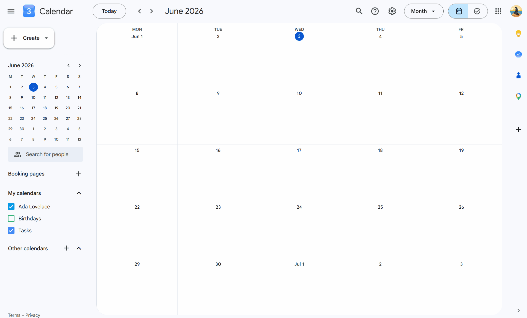 Google Calendar web with the Create dialog open on the Task tab, entering a title, date, and time, then saving the task onto the grid