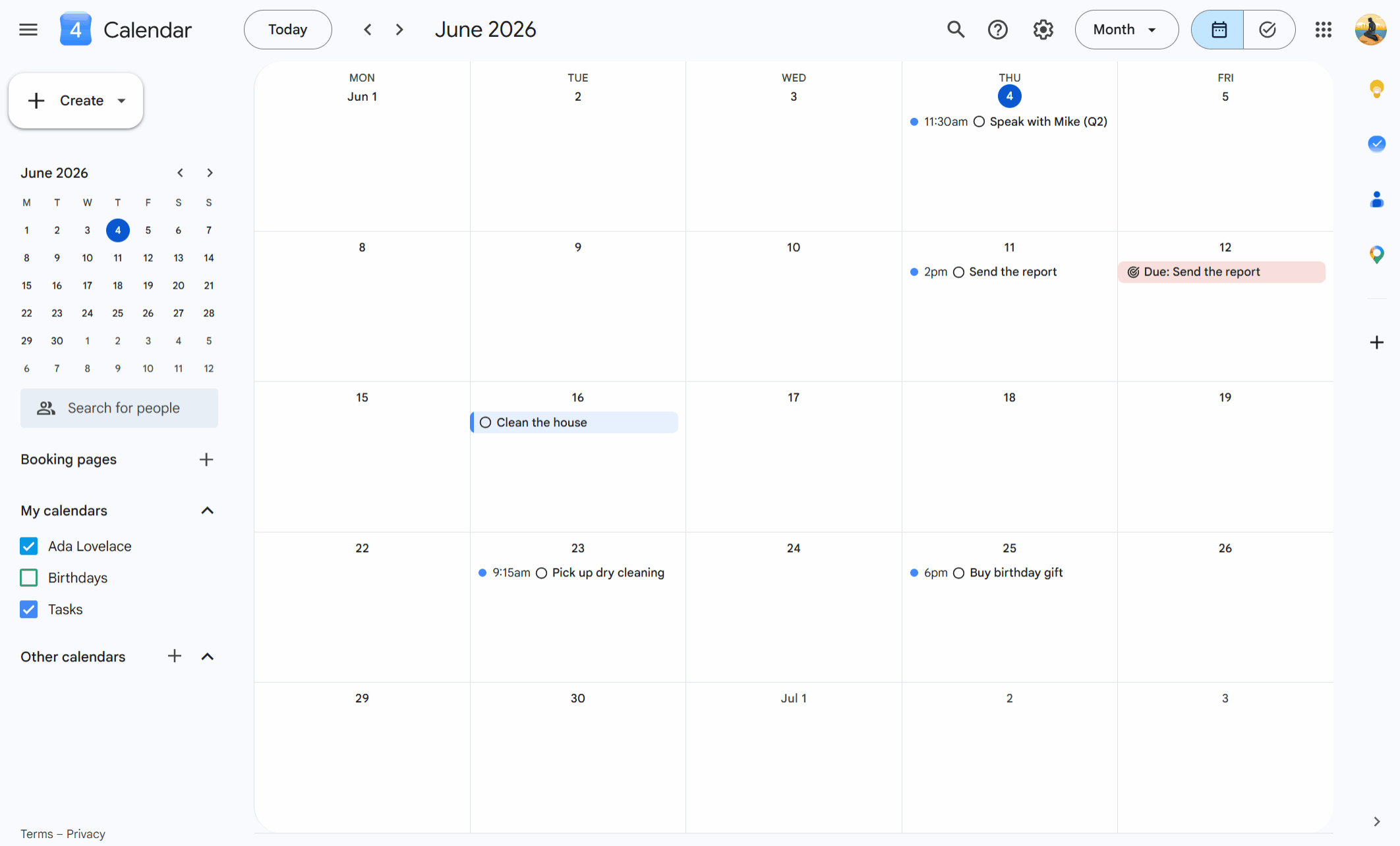 Google Calendar web with the Create dialog open on the Task tab, entering a title, date, and time, then saving the task onto the grid