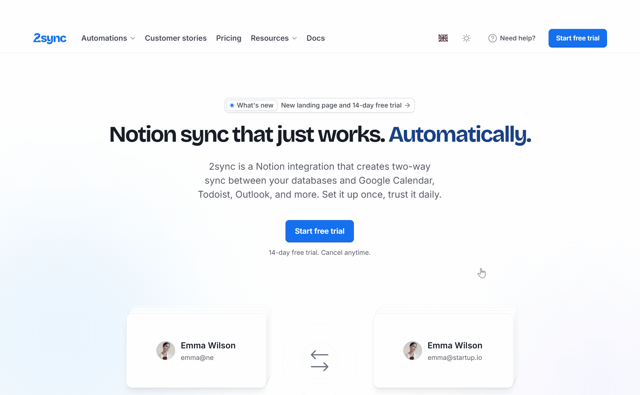 GIF de la página de inicio de 2sync donde el usuario hace clic en Start free trial para crear una sincronización Notion ↔ Google Calendar.