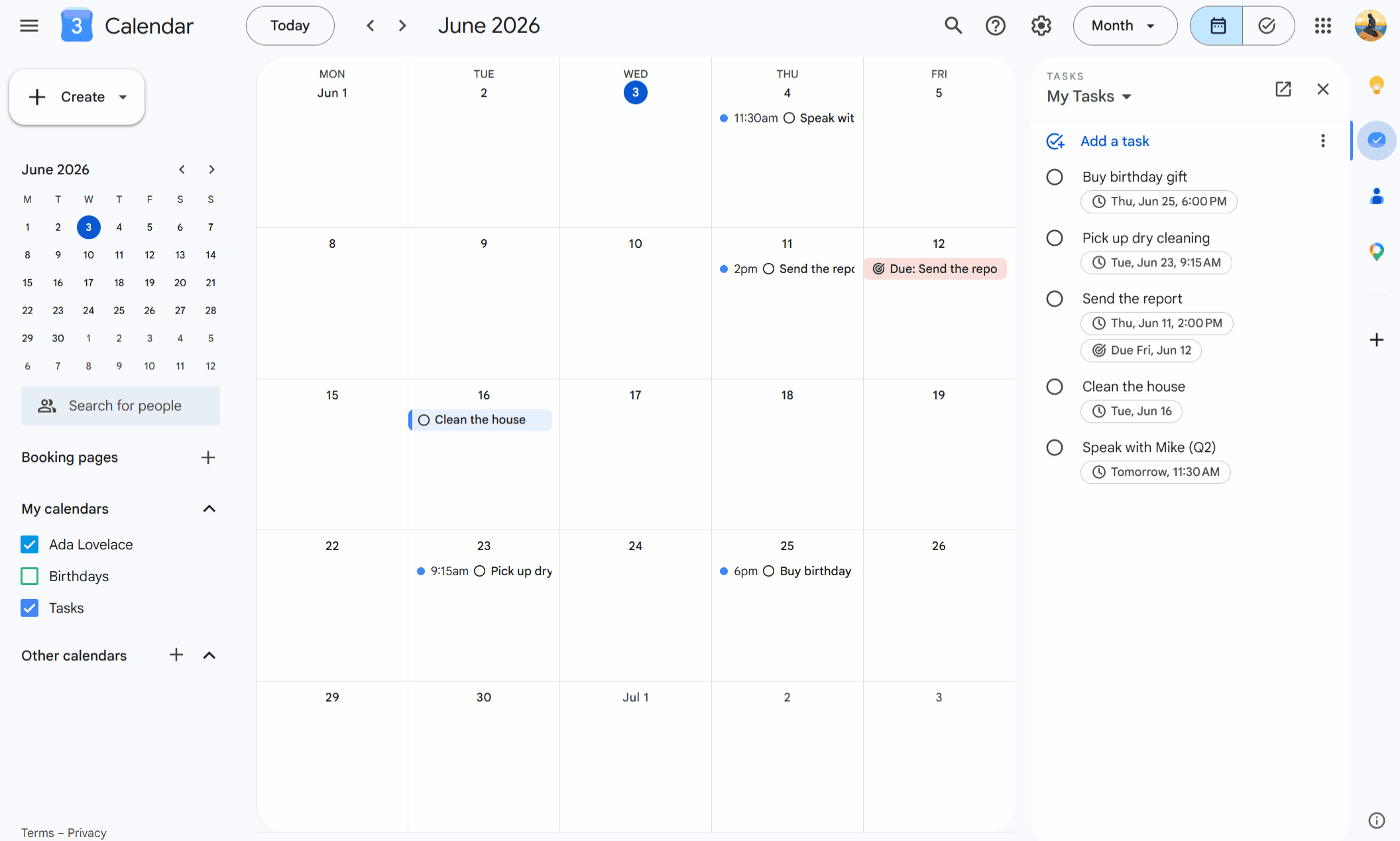 Google Calendar left sidebar with the Tasks checkbox under My calendars being toggled on and off, showing tasks appear and disappear from the grid