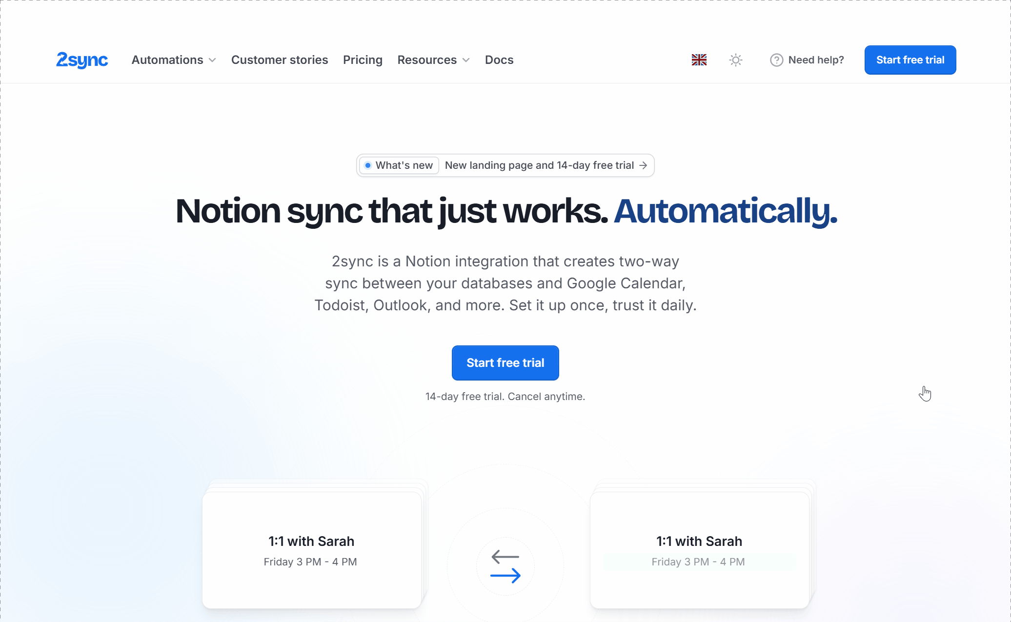Animierte Schritt-für-Schritt-Anleitung des 2sync-Dashboards, in der die nutzende Person eine neue Automation startet und die Google-Tasks-Kachel aus dem Integrationskatalog auswählt