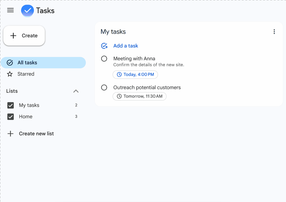 Animation montrant la création d'une tâche récurrente dans Google Tasks : ouverture du panneau de détails, choix de la date et de l'heure, clic sur Répéter et sélection de l'intervalle de récurrence
