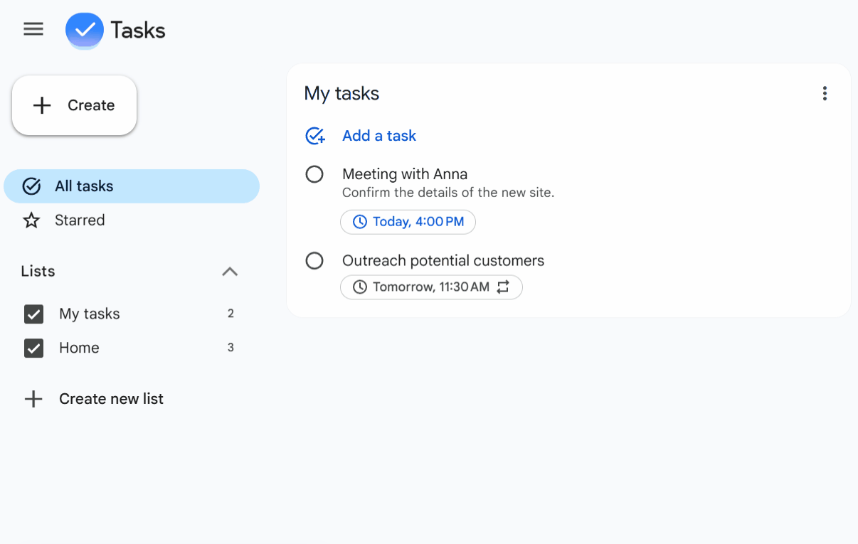 Animation montrant l'ajout d'une sous-tâche dans Google Tasks par mise en retrait d'une ligne d'un niveau sous une tâche parente