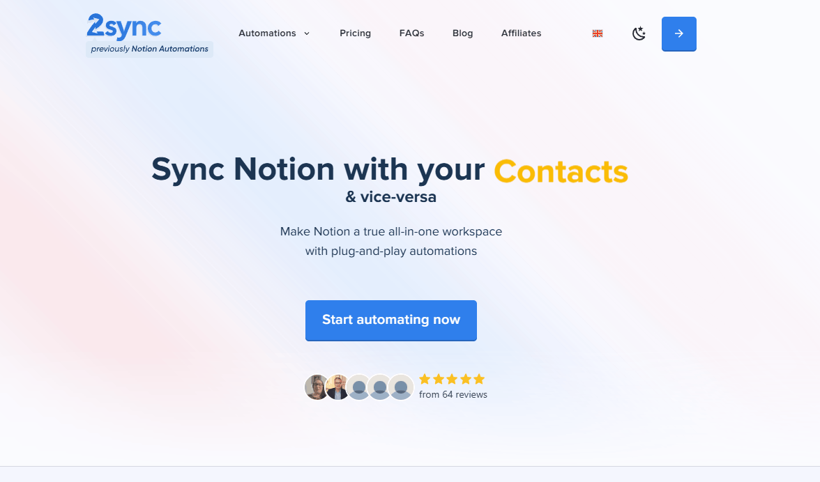 2sync 홈페이지와 Automations 대시보드. 활성 자동화가 없고, 사용자가 파란색 ‘+ New Automation’ 버튼을 눌러 Todoist 동기화를 만들기 시작.