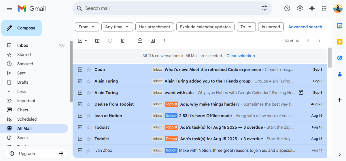 Gmail「すべてのメール」ビューで116件すべてのスレッドが選択（青くハイライト）。バナーには「すべてのメールの116件のスレッドが選択されています。選択を解除」と表示。上部ツールバーのゴミ箱アイコンが表示されている状態。