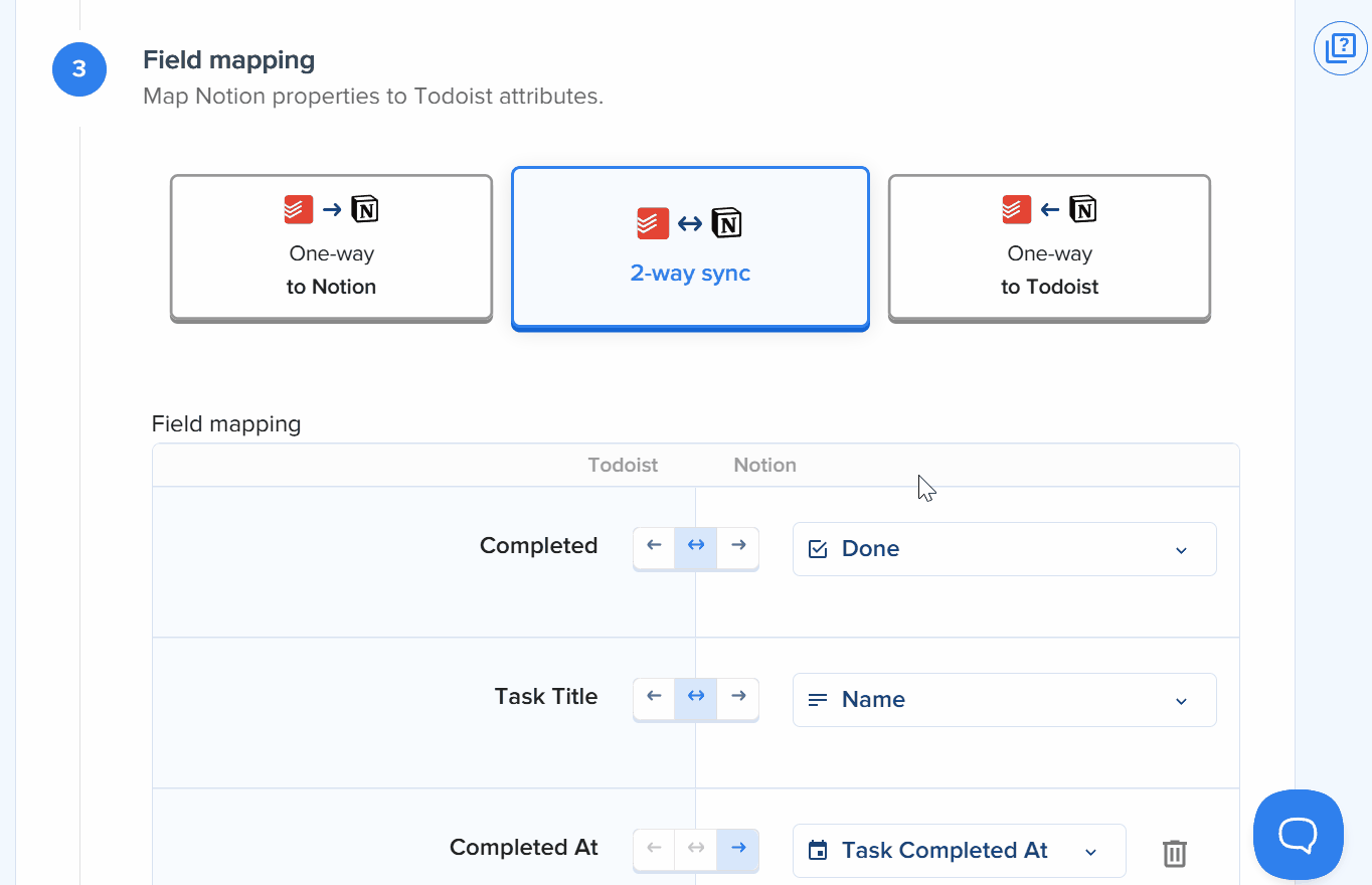 2sync 필드 매핑 화면: ‘양방향 동기화’가 선택되어 있고, Todoist의 ‘완료’가 Notion의 ‘Done’에, ‘작업 제목’이 ‘Name’에, ‘완료 시간’이 ‘Task Completed At’에 각각 연결되어 있는 모습