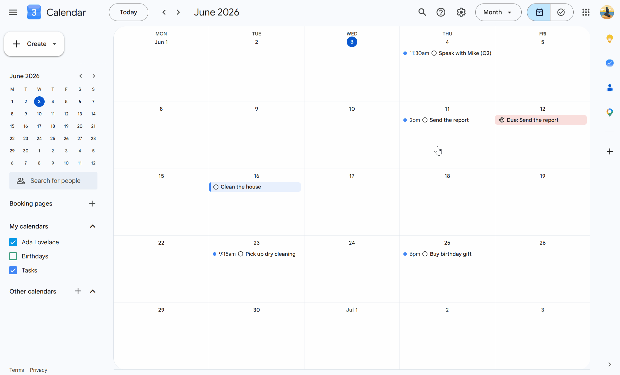 Google Calendar web with the Tasks side panel open on the right, showing a task list with due dates and checkboxes alongside the calendar grid