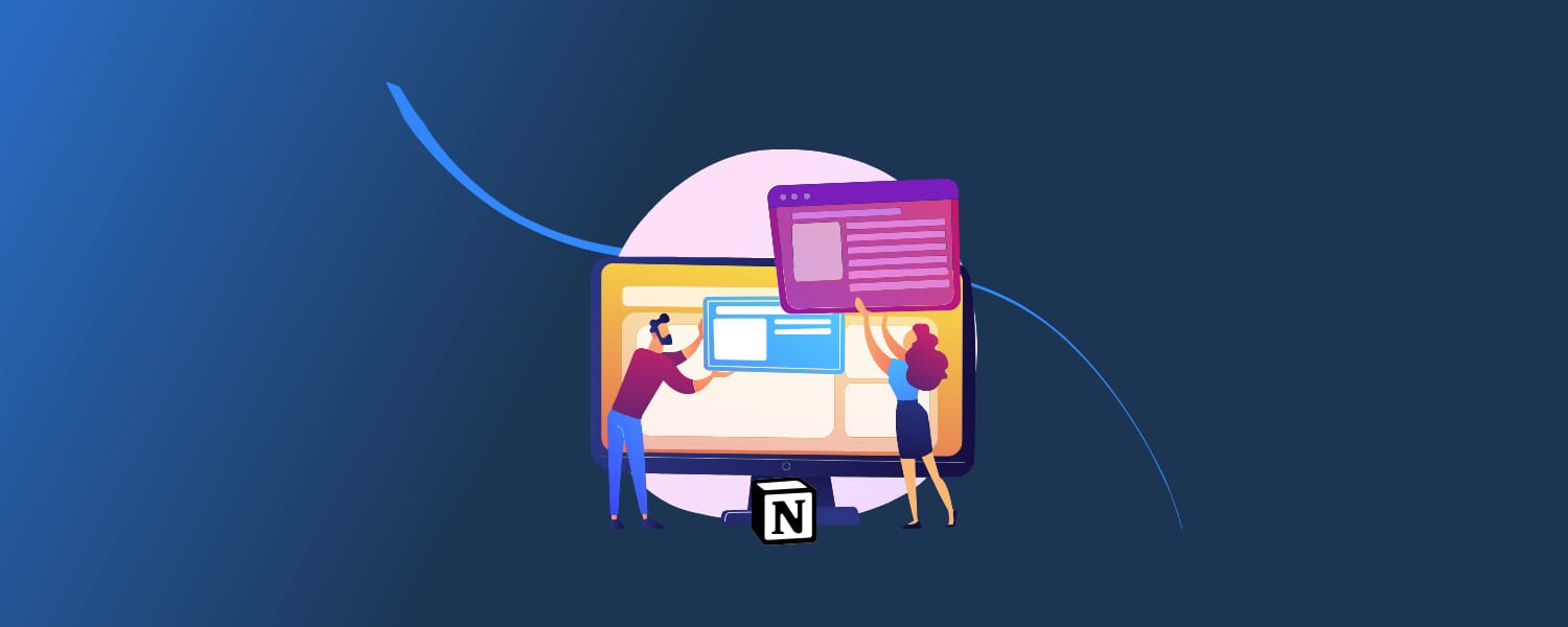 Illustration of two people organizing a Notion workspace on a large computer screen, representing the best free Notion templates.
