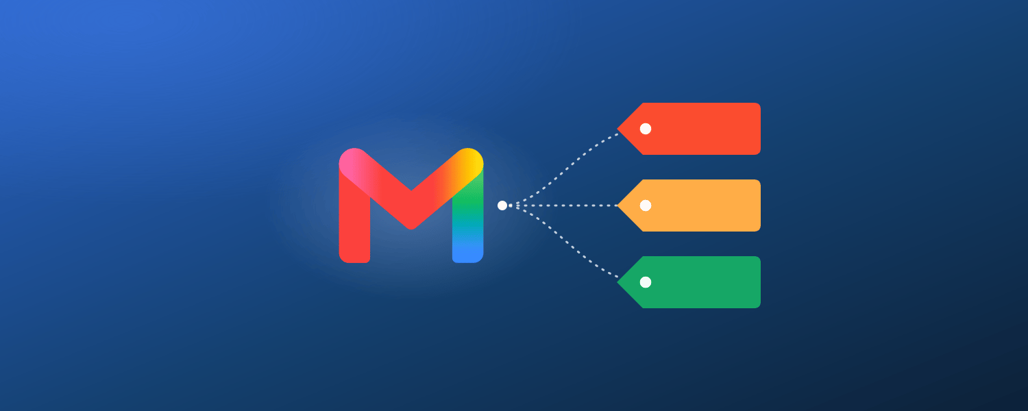 Gmail logo on a deep blue gradient with three dotted strings tying it to a red, an orange and a green label tag