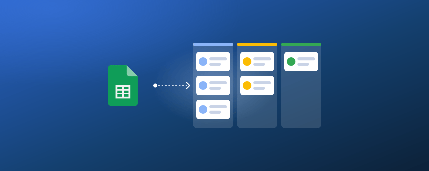 Logo Google Sheets sur un dégradé bleu profond, relié par une flèche en pointillés à un tableau de pipeline en trois colonnes bleue, jaune et verte qui contiennent trois, deux et une fiches contact