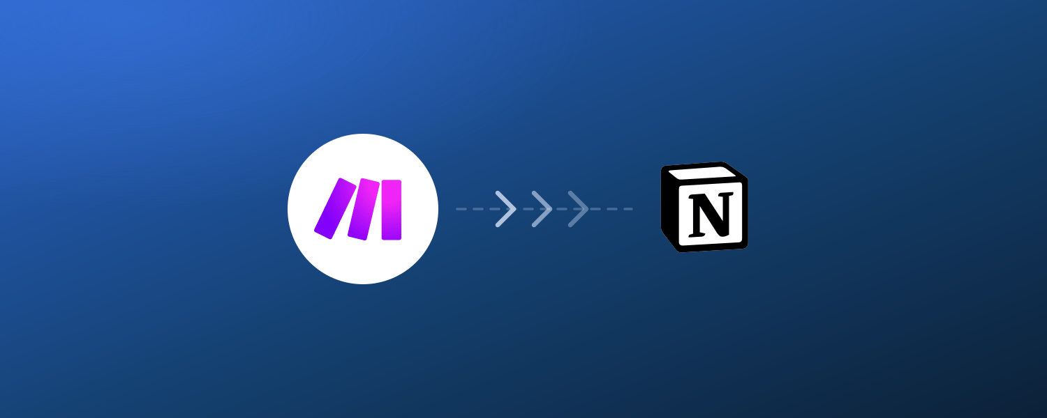 El icono de Make unido por una línea de flechas discontinua al logotipo de Notion sobre un degradado azul oscuro