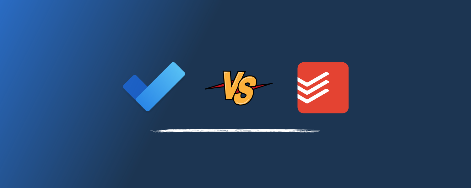 El icono de marca azul de Microsoft To Do y el icono de lista rojo de Todoist a ambos lados de un VS, sobre un degradado azul