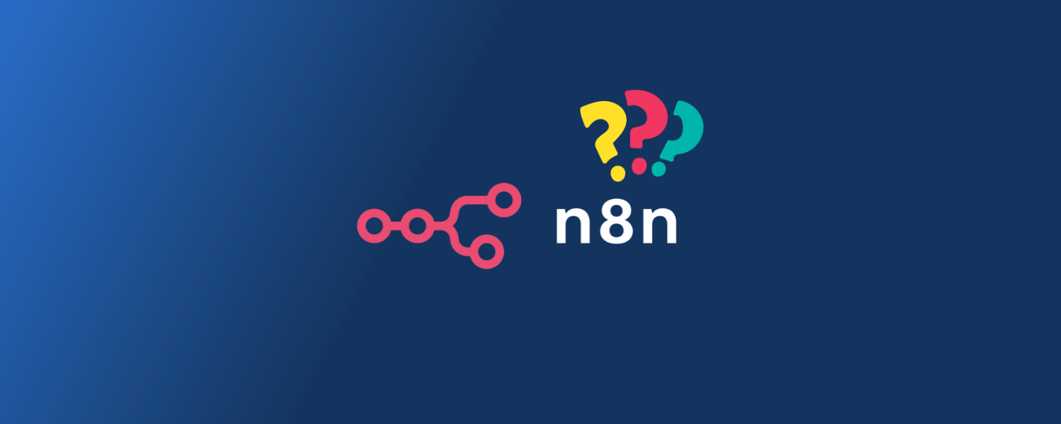 짙은 파란색 그라데이션 배경 위의 분홍색 n8n 로고와 그 위에 놓인 노란색·빨간색·청록색 물음표 세 개