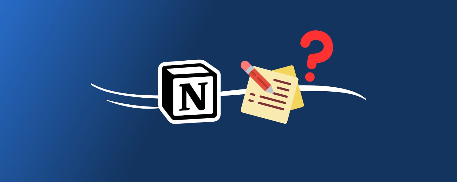 Notion app logo beside an illustrated notepad for notion notes, featuring a red pencil and a bold red question mark, all set against a blue background with a white curved line.