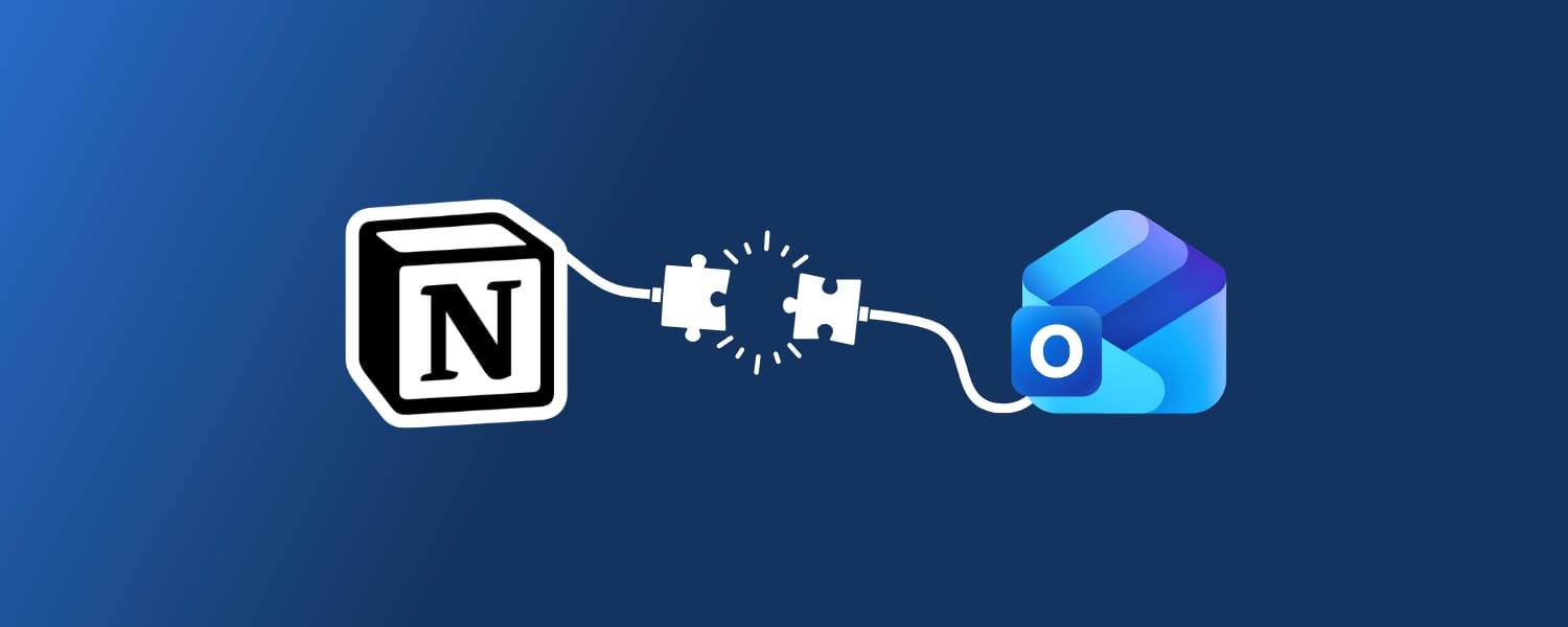 Notion-Logo, verbunden mit dem Outlook-Umschlag-Symbol durch zwei ineinandergreifende Puzzleteile mit einem Funken an der Verbindungsstelle, auf tiefblauem Farbverlauf
