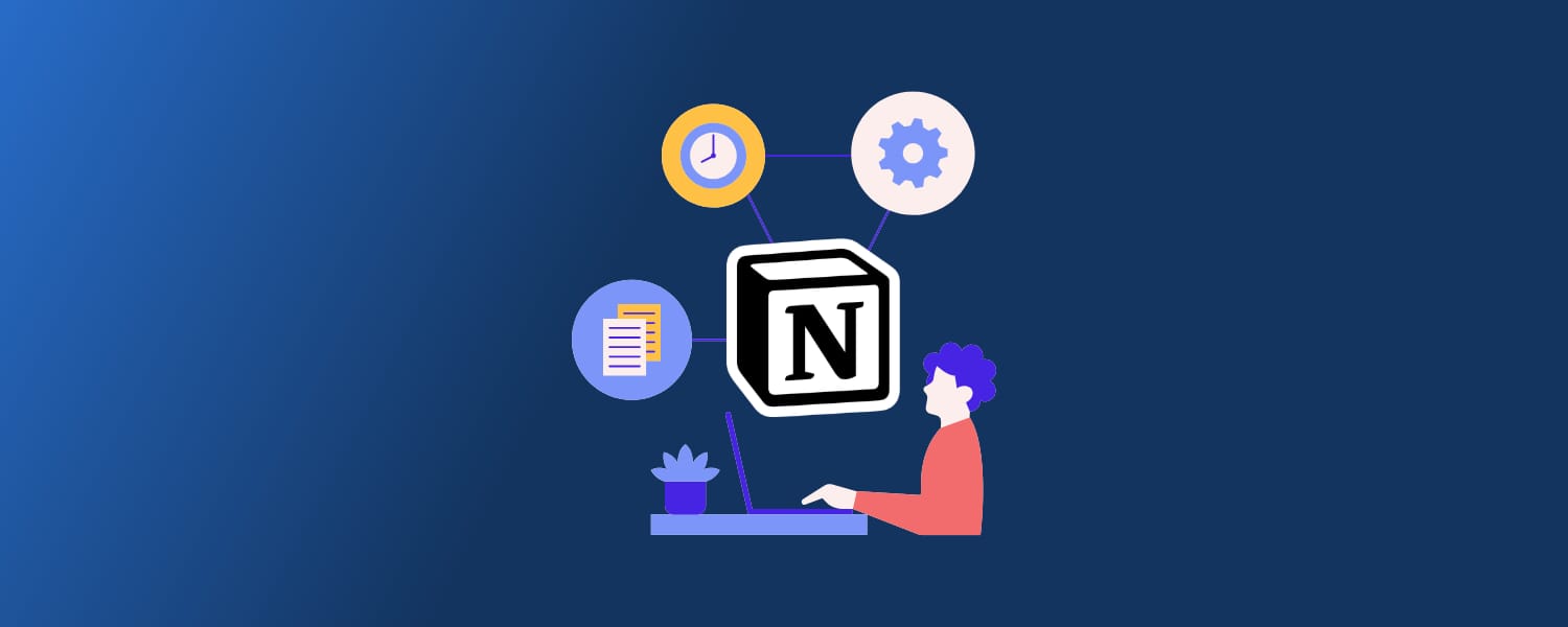 Logo Notion relié à des icônes d'horloge, d'engrenage et de document au-dessus d'une personne travaillant sur un ordinateur portable, sur un dégradé bleu