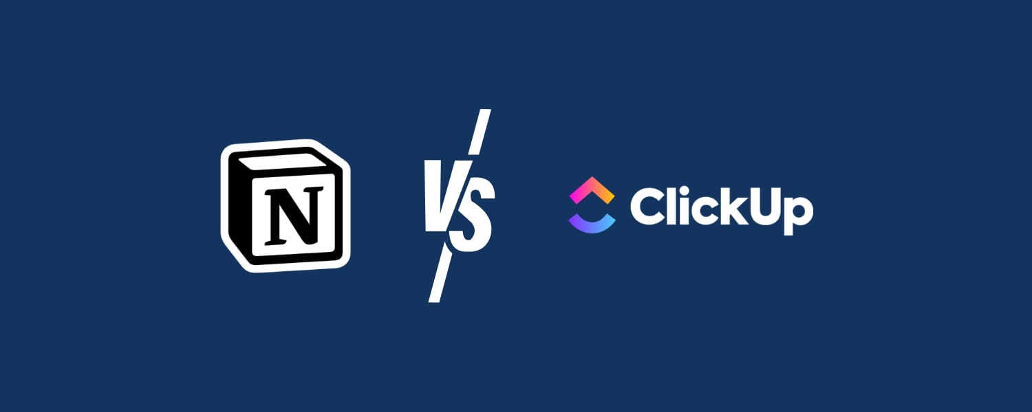 짙은 남색 배경에 VS 구분선으로 분리된 Notion 로고(흰색 N 블록)와 ClickUp 워드마크 및 그라데이션 로고마크