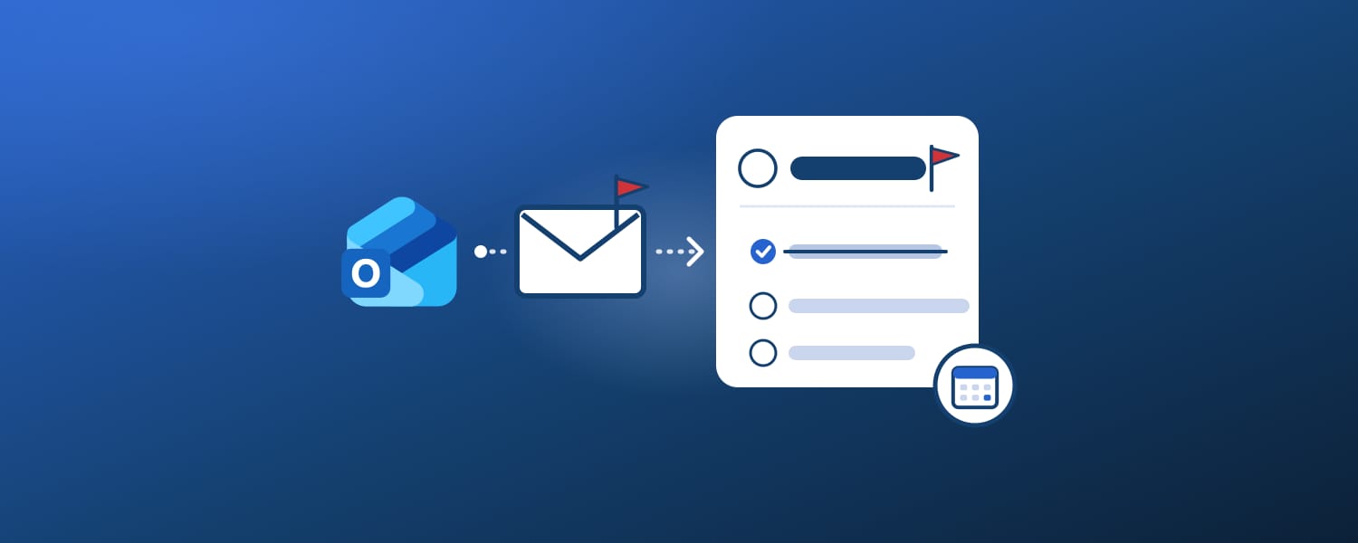 El logotipo de Outlook unido a un sobre con una bandera roja y, tras una flecha, una tarjeta de tarea blanca con el primer elemento marcado y un icono de calendario, sobre fondo azul oscuro