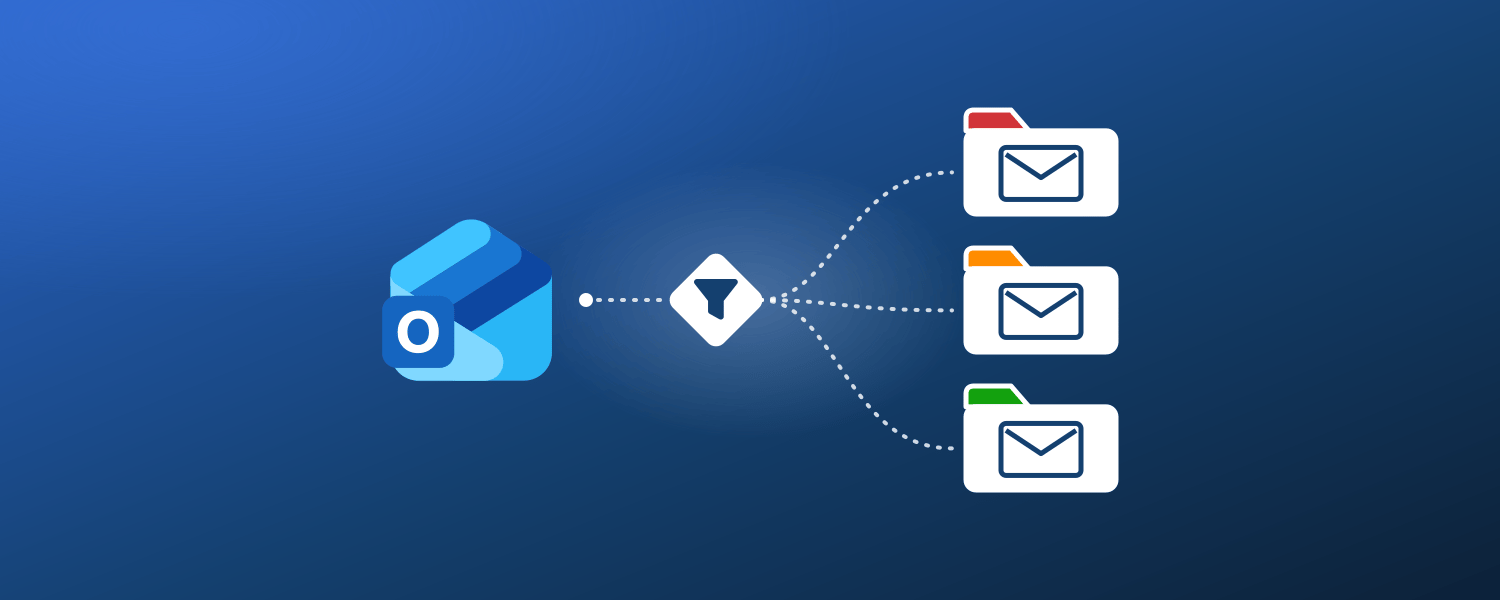 Outlook-Logo auf einem dunkelblauen Farbverlauf, das in einen Trichter mündet; gepunktete Linien führen von dort zu drei Ordnern mit rotem, orangefarbenem und grünem Reiter, in jedem ein Briefumschlag