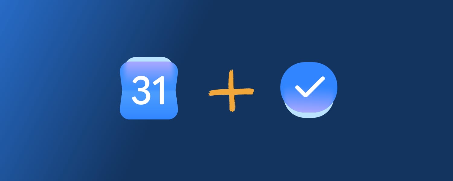 Google Calendar date icon and the Google Tasks checkmark icon joined by an orange plus sign on a deep blue gradient