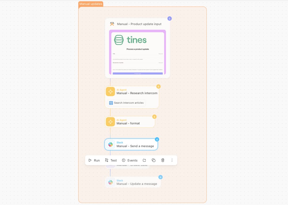 Tines 스토리보드 캔버스의 Manual updates 그룹. 제품 업데이트 입력 폼, AI Agent 액션 2개, 메시지를 보낸 뒤 업데이트하는 Slack 액션이 연결되어 있고, 선택한 액션에 Run, Test, Events 도구 모음이 열려 있어요.