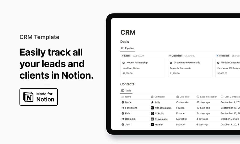 Easlo CRM Template preview showing a polished contact and deal pipeline dashboard in Notion