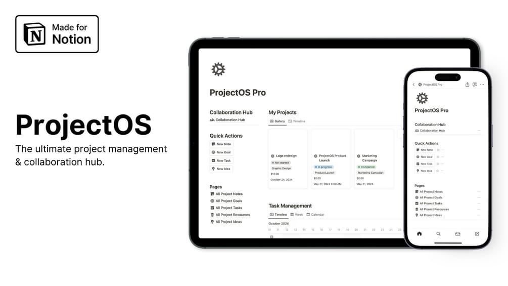 태블릿과 스마트폰에 표시된 Notion의 ProjectOS Pro 프로젝트 관리 템플릿으로, 프로젝트 목록, 작업 및 내비게이션 메뉴를 보여줍니다.