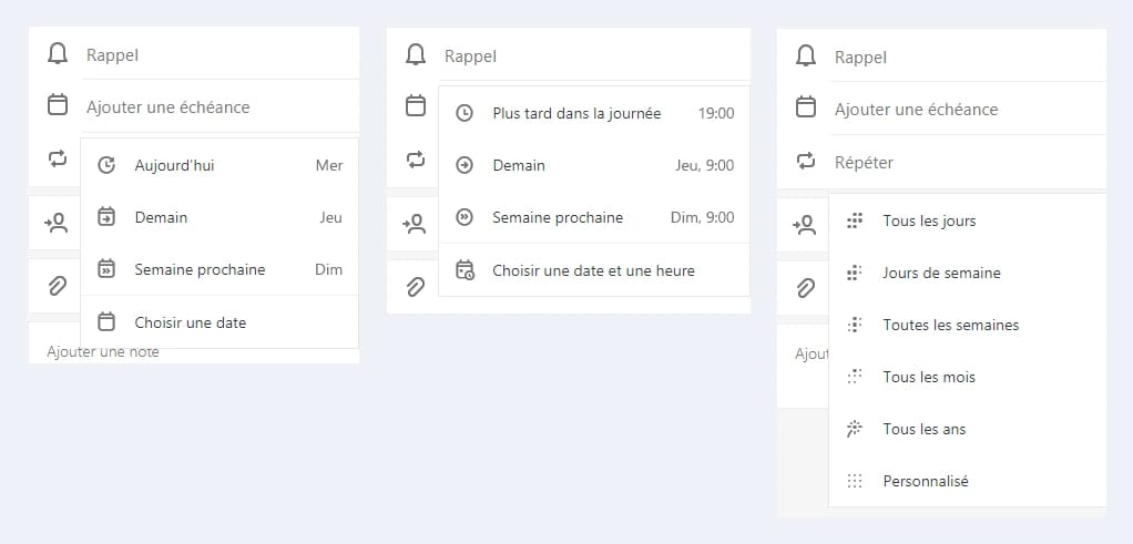 Les menus Ajouter une échéance, Rappel et Répéter d'une tâche Microsoft To Do, côte à côte, avec leurs options en français