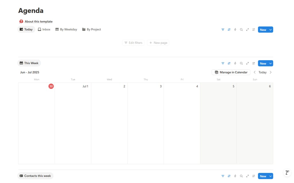 2syncs Agenda-Vorlage in Notion mit mehreren Datenbankansichten (Heute, Posteingang, nach Wochentag, nach Projekt) und einem wöchentlichen Kalenderlayout, in dem synchronisierte Termine als bearbeitbare Zeilen erscheinen.