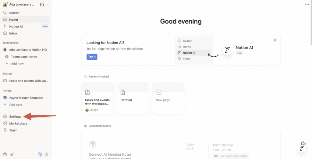Notionのデスクトップページから設定をクリックするスクリーンショット