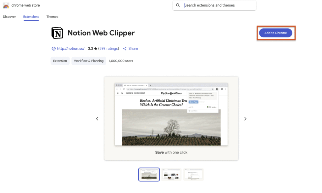 Chrome webストアからNotion webクリッパーの拡張機能を選択し追加する画面