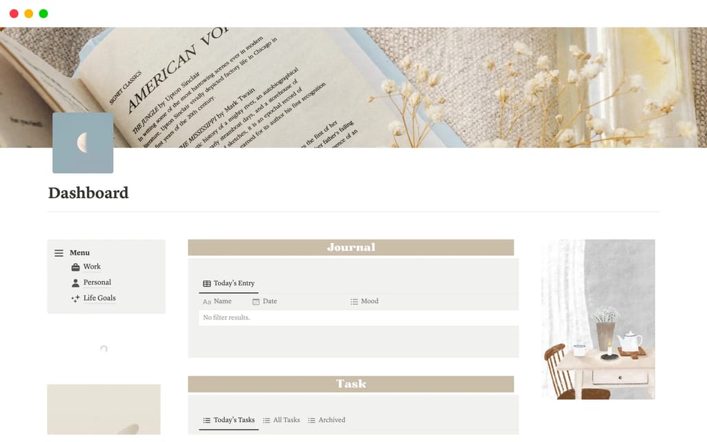 Aesthetic Dashboard showing a light, airy workspace with sections for journal, life goals, meal planner, and daily routines
