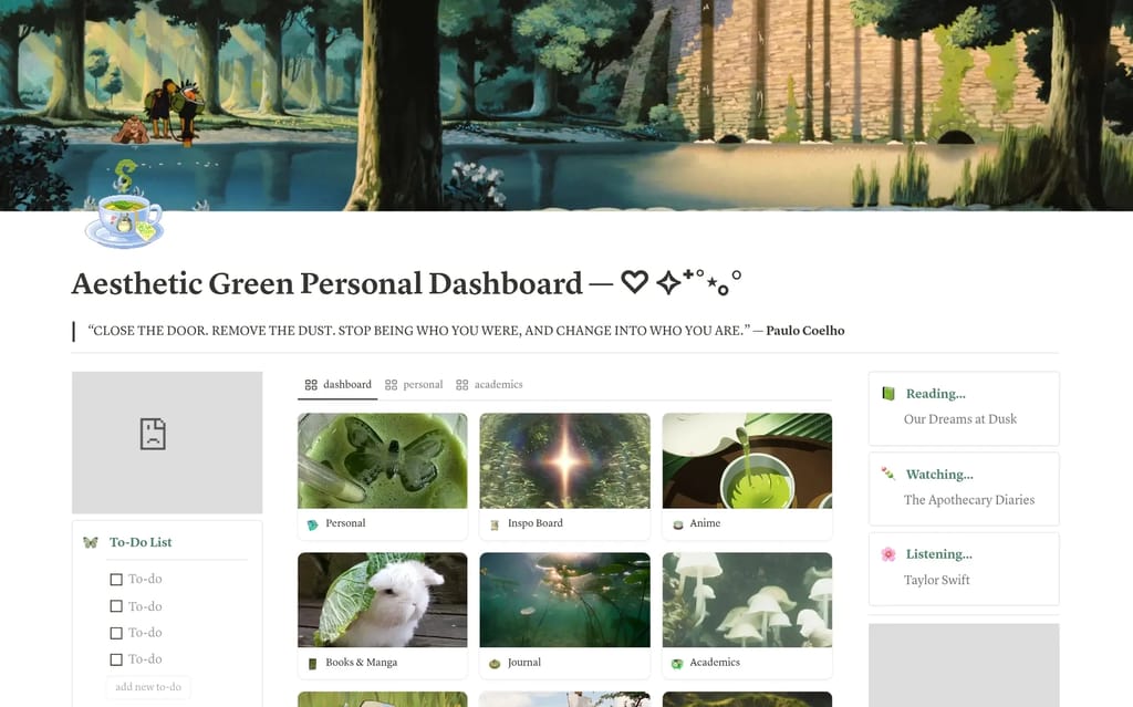 Aesthetic Green Personal Dashboard showing a Studio Ghibli-themed workspace with green color scheme and media libraries