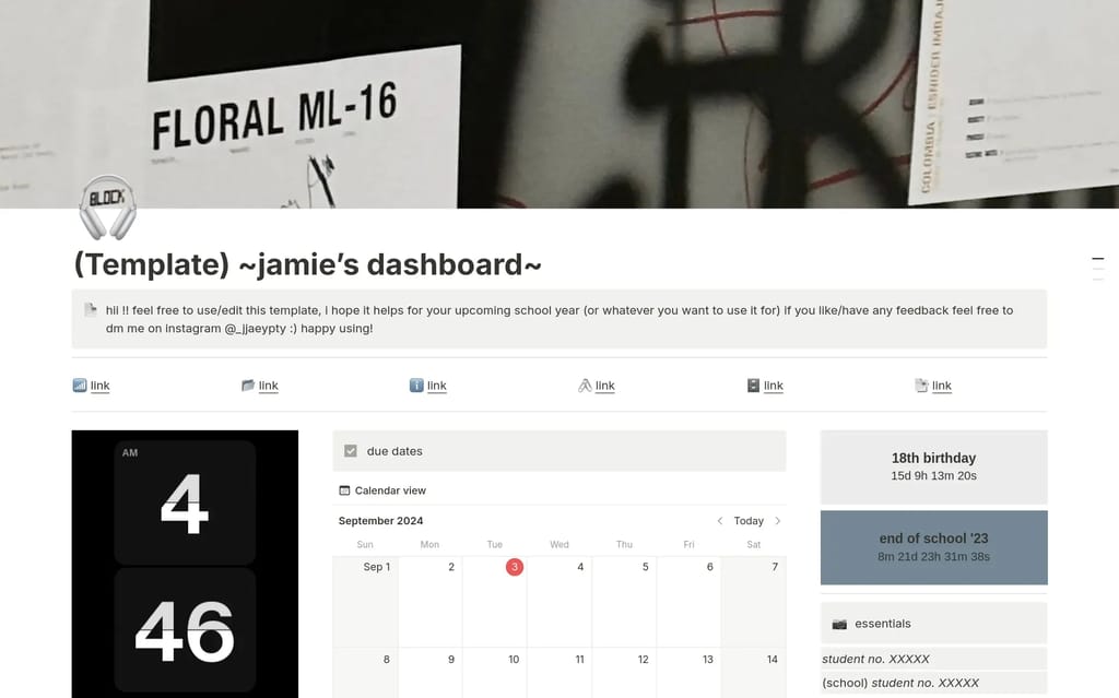 Aesthetic High School+Uni Dashboard showing a stylish student workspace with semester countdown and two theme options