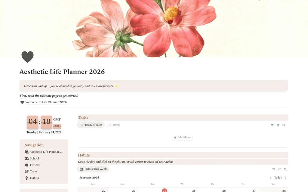 Aesthetic Life Planner 2026 showing a clean dashboard with sections for School, Fitness, Tasks, and Habits