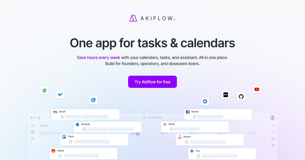 Akiflow-Hero-Komposition mit Aufgaben aus Gmail, Outlook, Slack, Notion, Trello, Asana, Zapier und Jira, die in einen vereinheitlichten Today-Posteingang fließen.