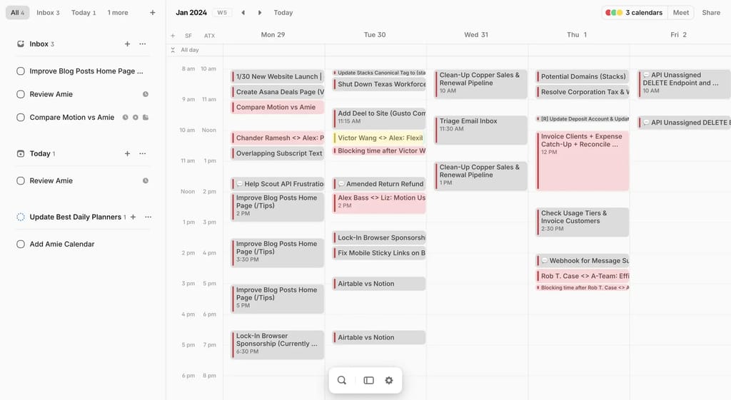 Amie calendar app showing a weekly view with integrated task sidebar and multiple calendars.