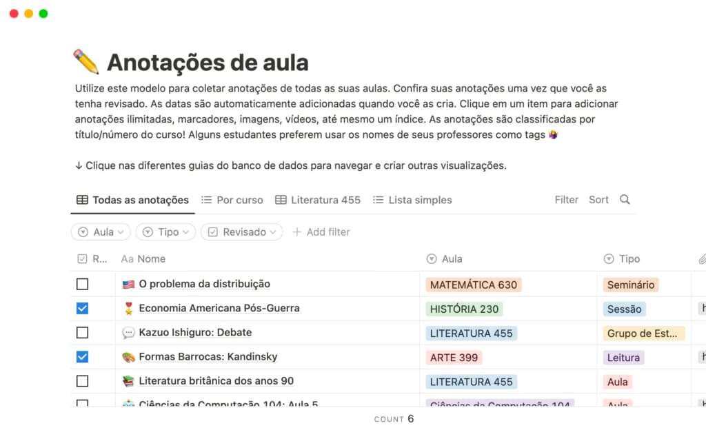 Template Anotações de aula no Notion com banco de dados em português para organizar notas por disciplina, tipo de aula e status de revisão.