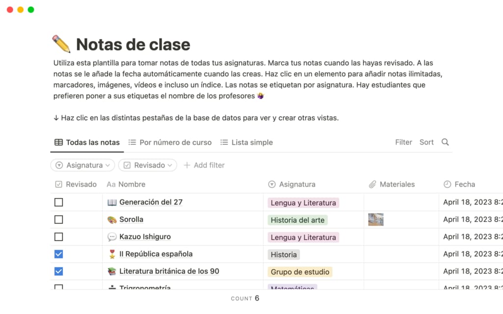Captura de pantalla de la plantilla Apuntes de clase en Notion