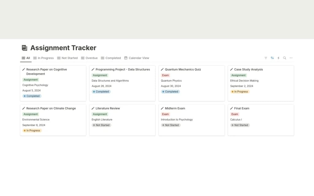 Creative Koalaによる学生のための課題と試験の記録テンプレート