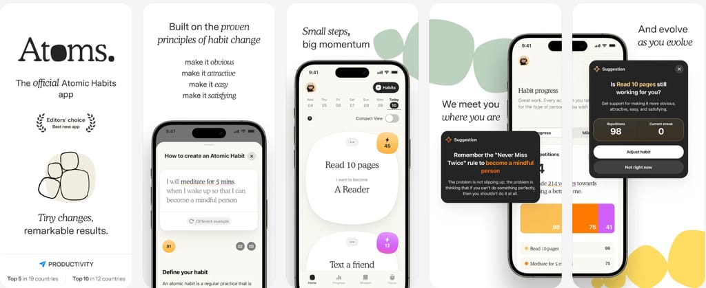 Atoms, l'application officielle Atomic Habits, avec des écrans pour créer une habitude, suivre la progression quotidienne, des leçons et des suggestions d'habitudes.
