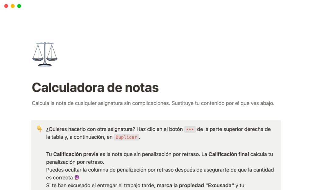 Captura de pantalla de la plantilla Calculadora de notas en Notion