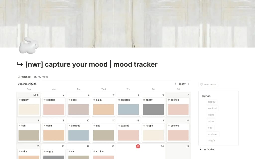 Capture Your Mood template showing a color-coded calendar mood tracker with 365-day grid visualization
