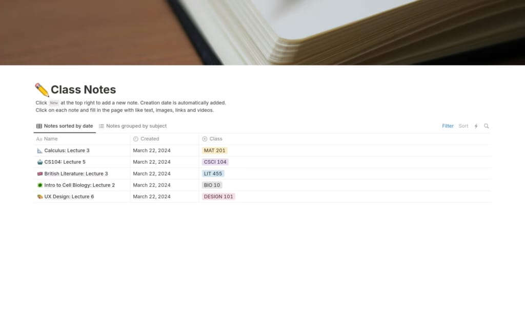 Class Notes 노션 템플릿: 과목·태그별로 정리된 날짜 기반 수업 노트 테이블 화면